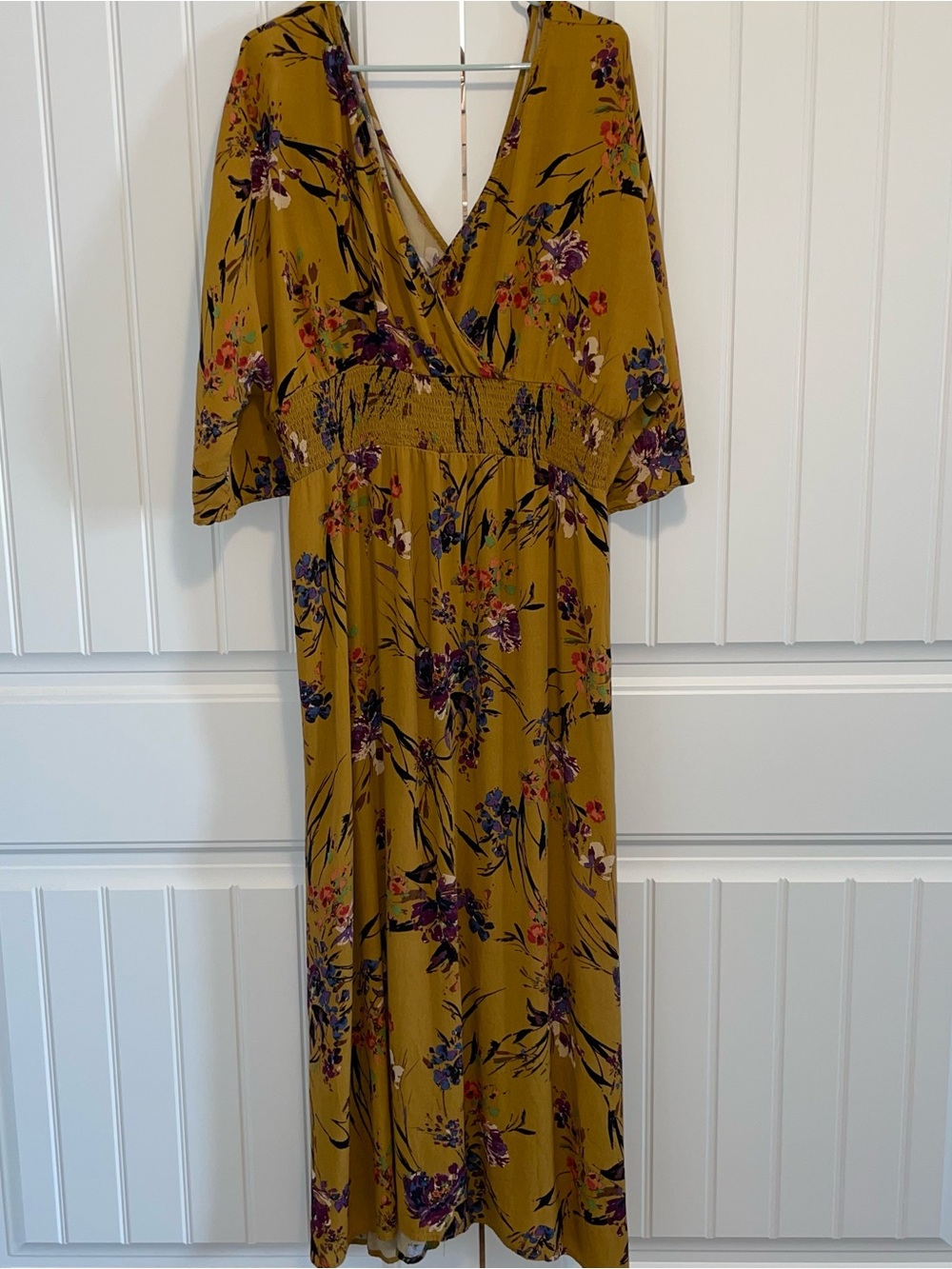 Floral V-Neck Mustard Maxi Dress with Smocked Waist